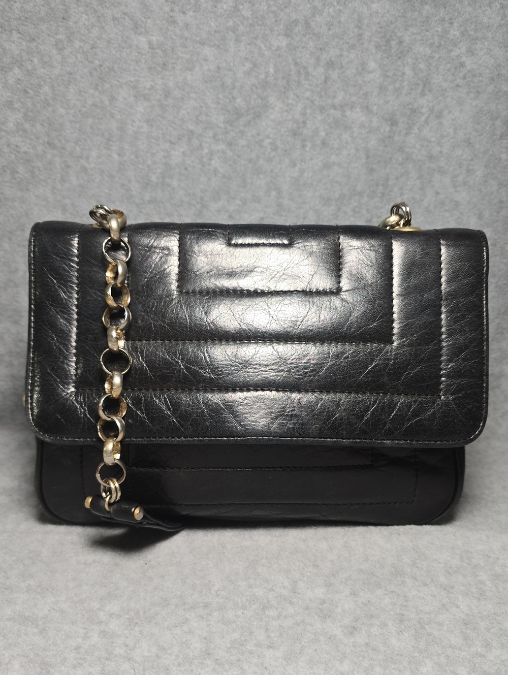 Vintage Black Quilted Crinkle  Leather Shoulder Bag with Chain Strap
